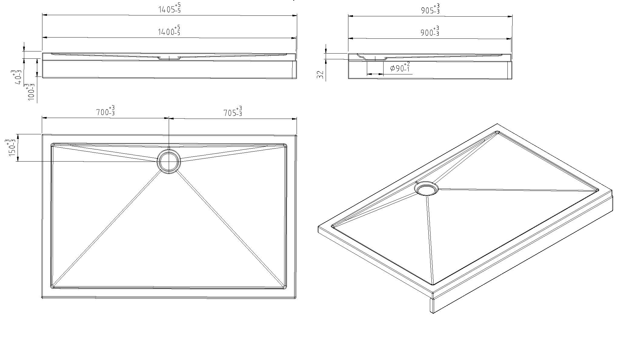 Voorzetpaneel met poten voor douchebak 140 x 90 x 4 cm glans wit