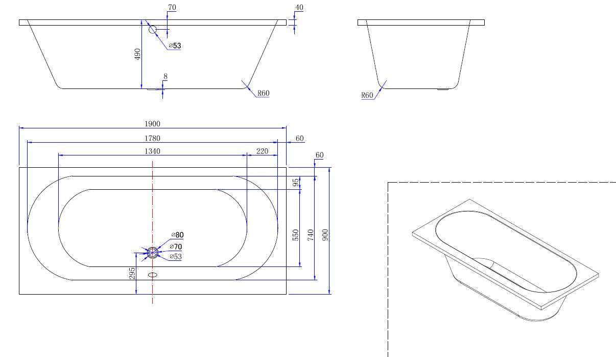 Portus RD inbouw duo ligbad 190x90x49 cm acryl glans wit