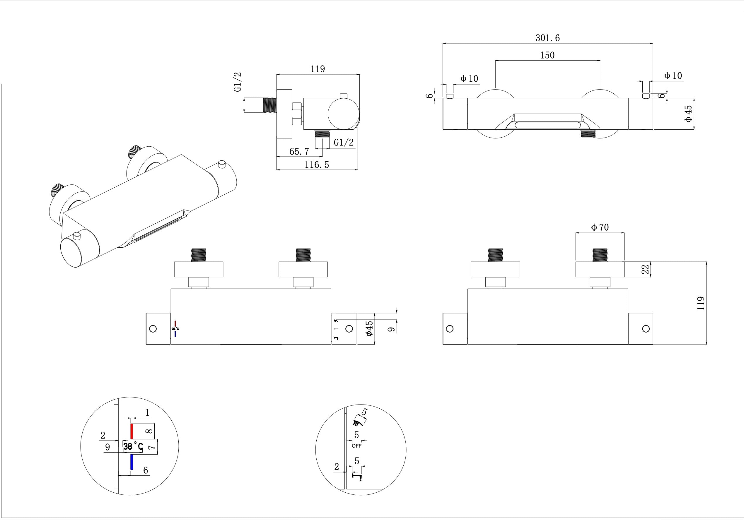 Style thermostatische badmengkraan waterval cooltouch geborsteld staal
