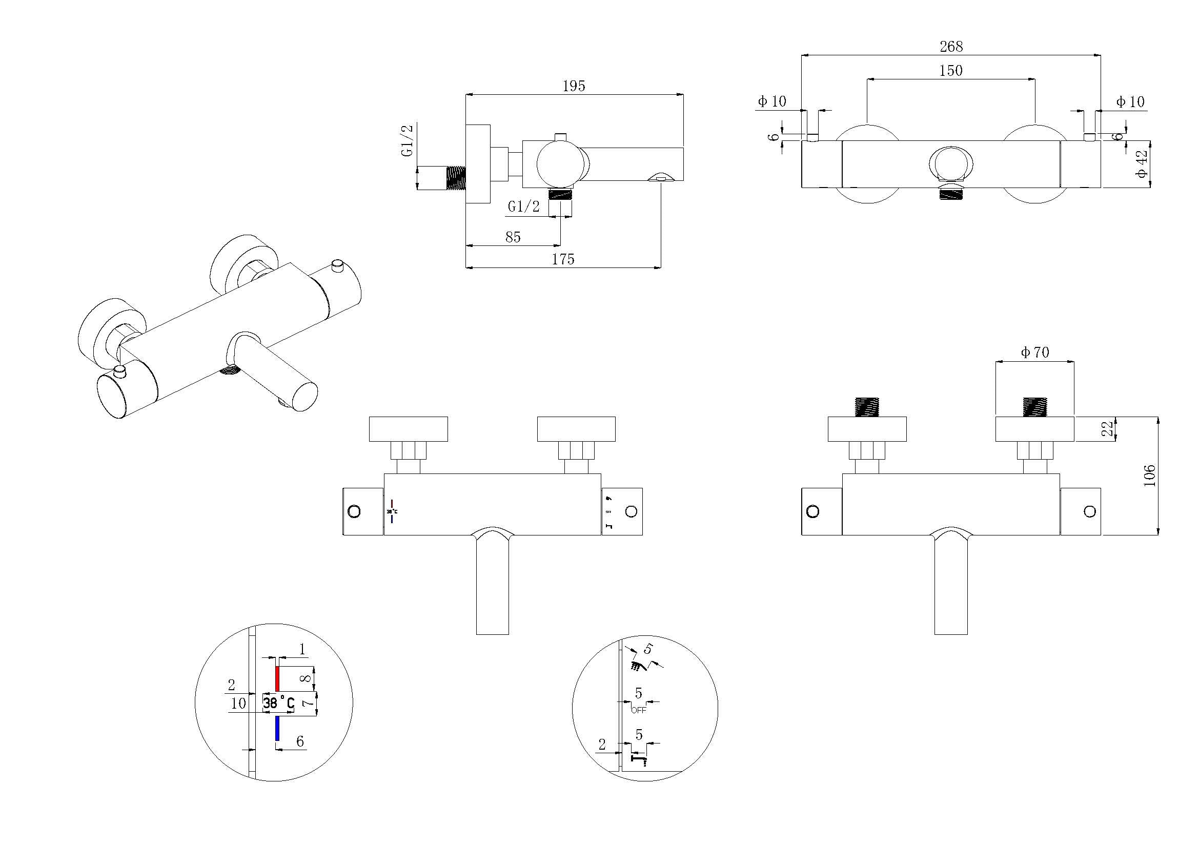 Style thermostatische badmengkraan cooltouch geborsteld staal
