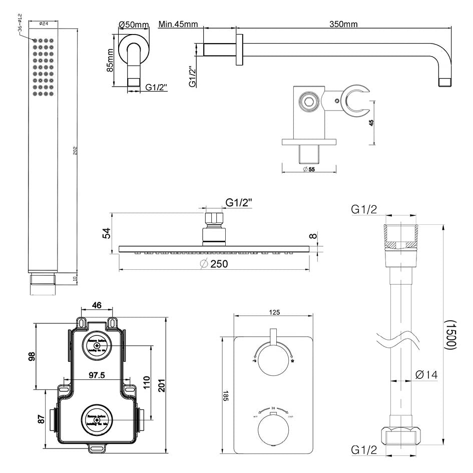 Caral inbouwthermostaat compleet met hoofddouche 25 cm en staafhanddouche geborsteld messing