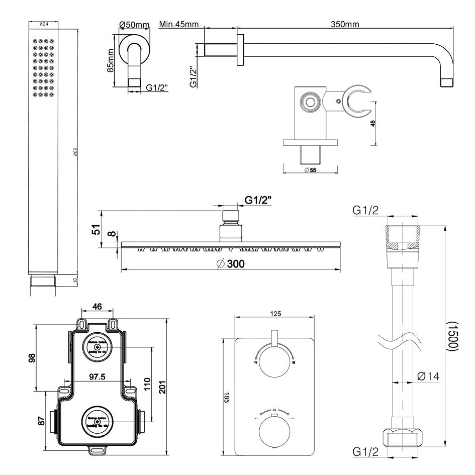 Caral inbouwthermostaat compleet met hoofddouche 30 cm en staafhanddouche mat zwart
