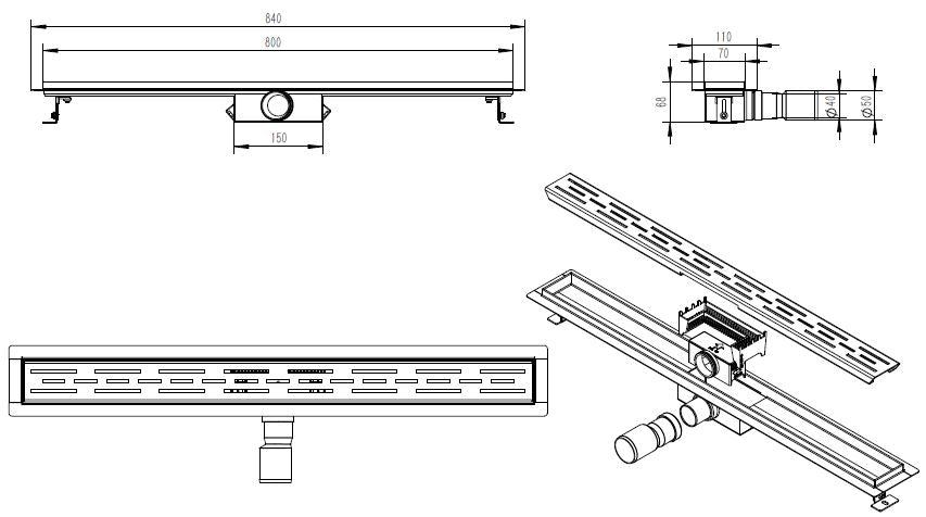 Douchegoot met flens en rooster 80 x 7 cm mat zwart