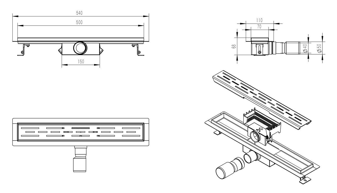 Douchegoot met flens en rooster 50 x 7 cm mat zwart