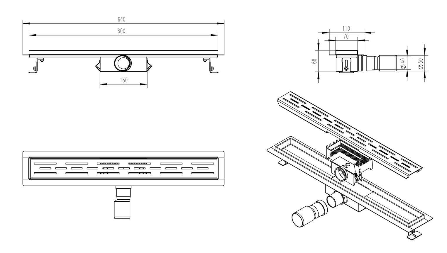Douchegoot met flens en rooster 60 x 7 cm mat zwart