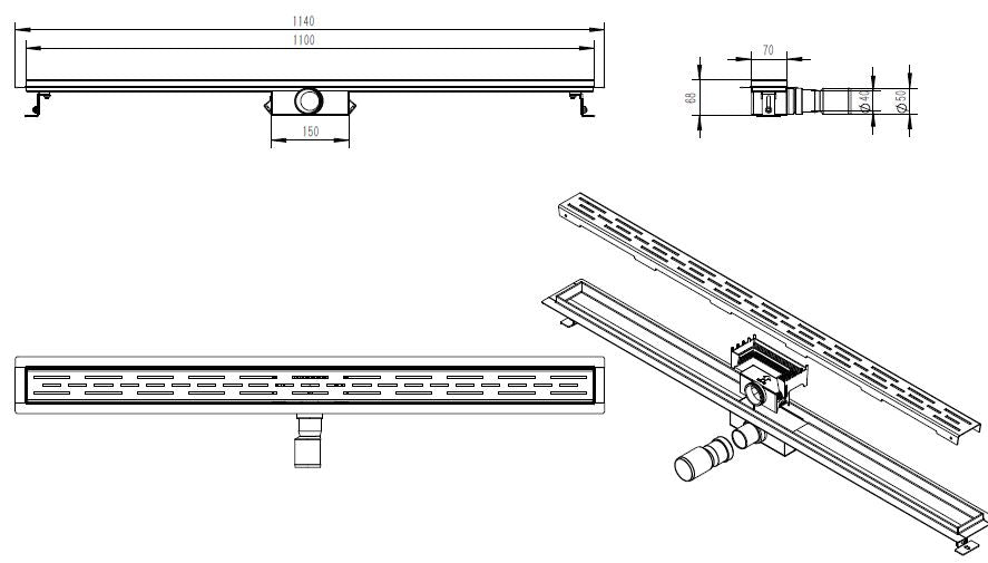Eco douchegoot met flens en rooster 110 x 7 cm RVS