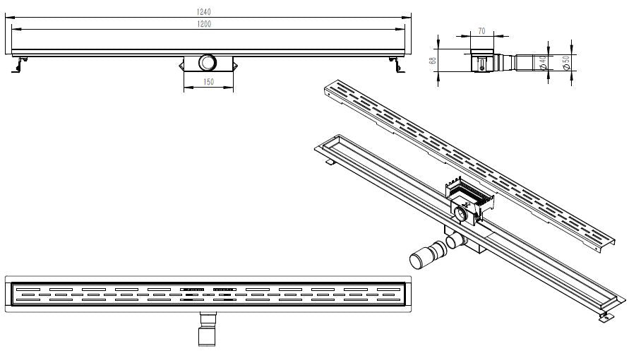 Eco douchegoot met flens en rooster 120 x 7 cm RVS