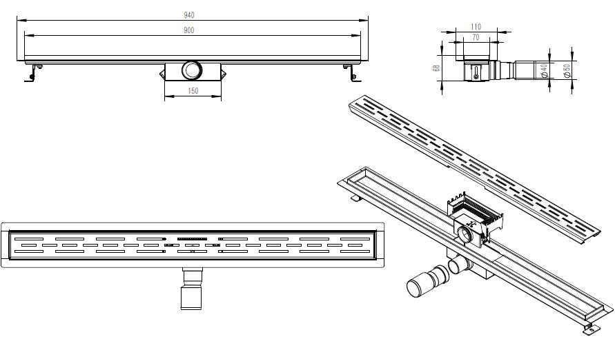 Douchegoot met flens en rooster 90 x 7 cm geborsteld messing