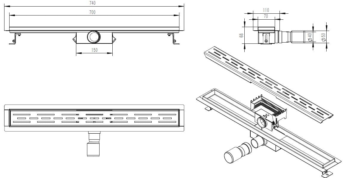 Douchegoot met flens en rooster 70 x 7 cm geborsteld brons koper