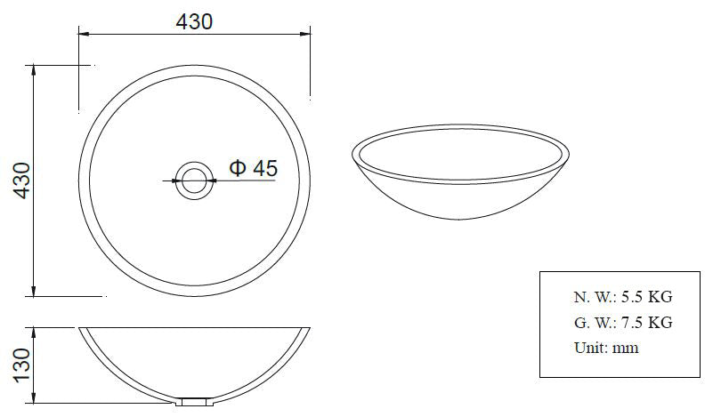 Valerie waskom rond 43 x 13 cm solid surface betonlook