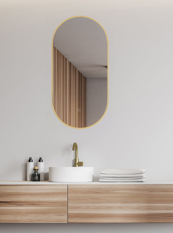 Nomi spiegel met lijst ovaal met LED, dimbaar en spiegelverwarming 50 x 100 cm geborsteld messing