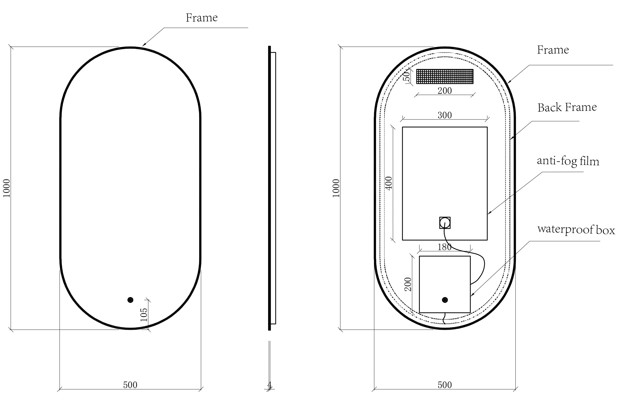Nomi spiegel met lijst ovaal met LED, dimbaar en spiegelverwarming 50 x 100 cm geborsteld messing