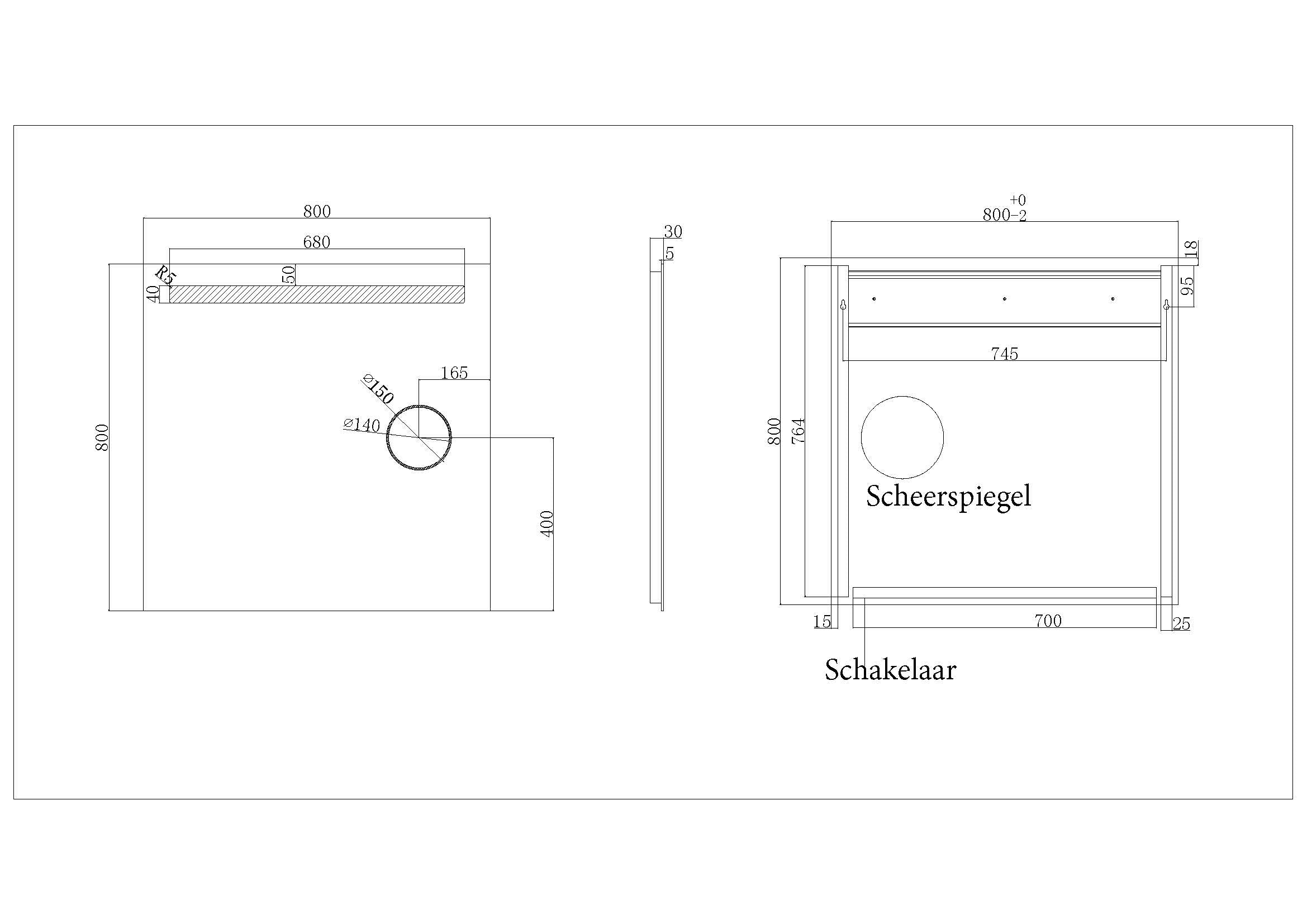 Tigris spiegel vierkant met LED en scheerspiegel 80 x 80 cm