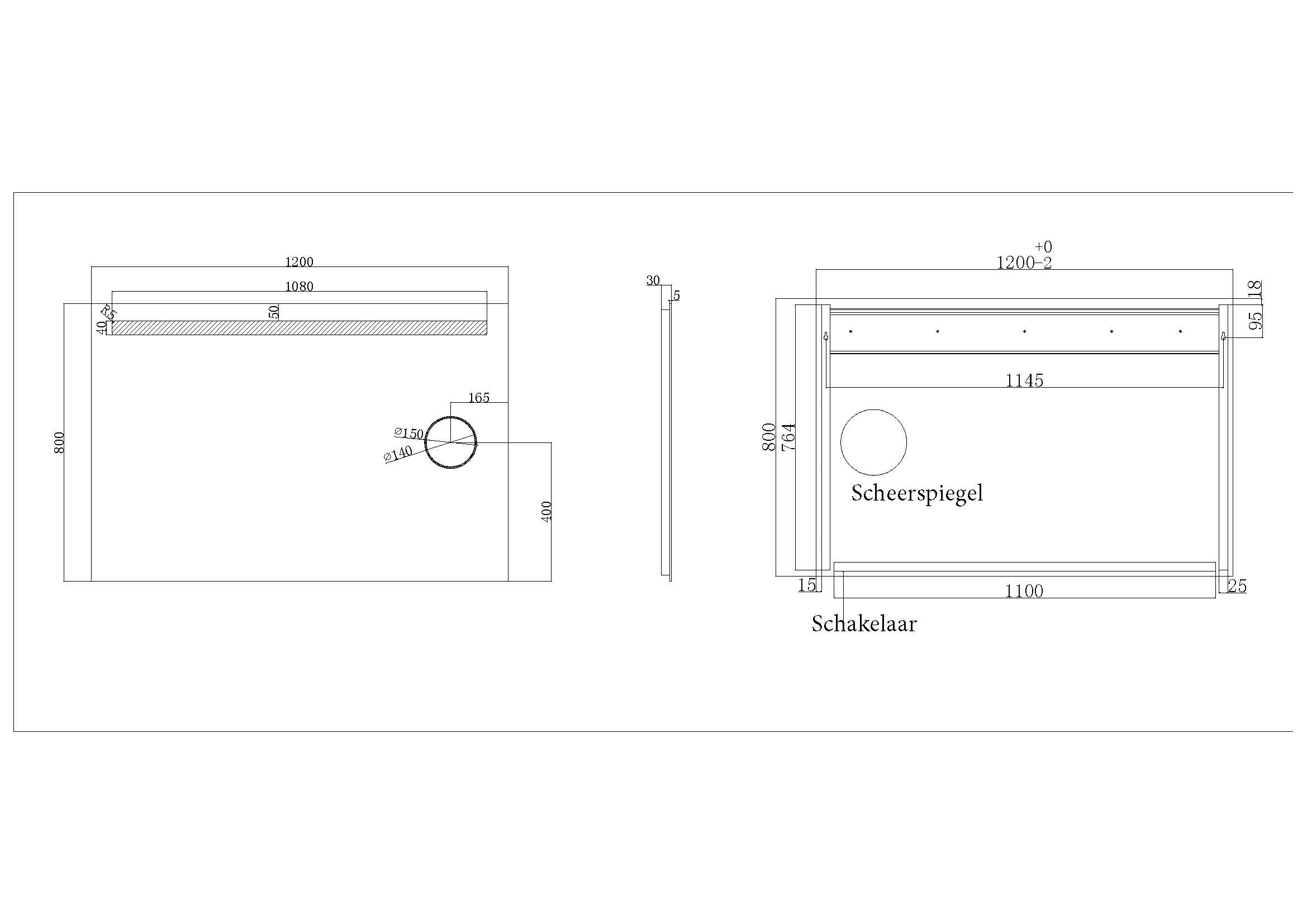 Tigris spiegel rechthoek met LED en scheerspiegel 120 x 80 cm