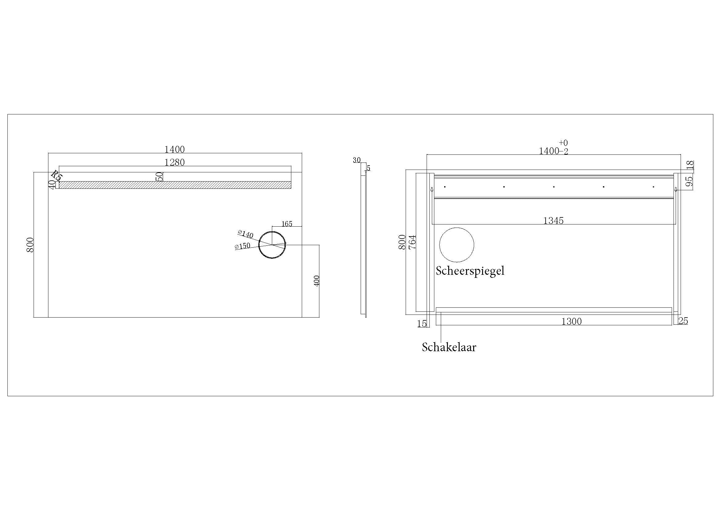 Tigris spiegel rechthoek met LED en scheerspiegel 140 x 80 cm