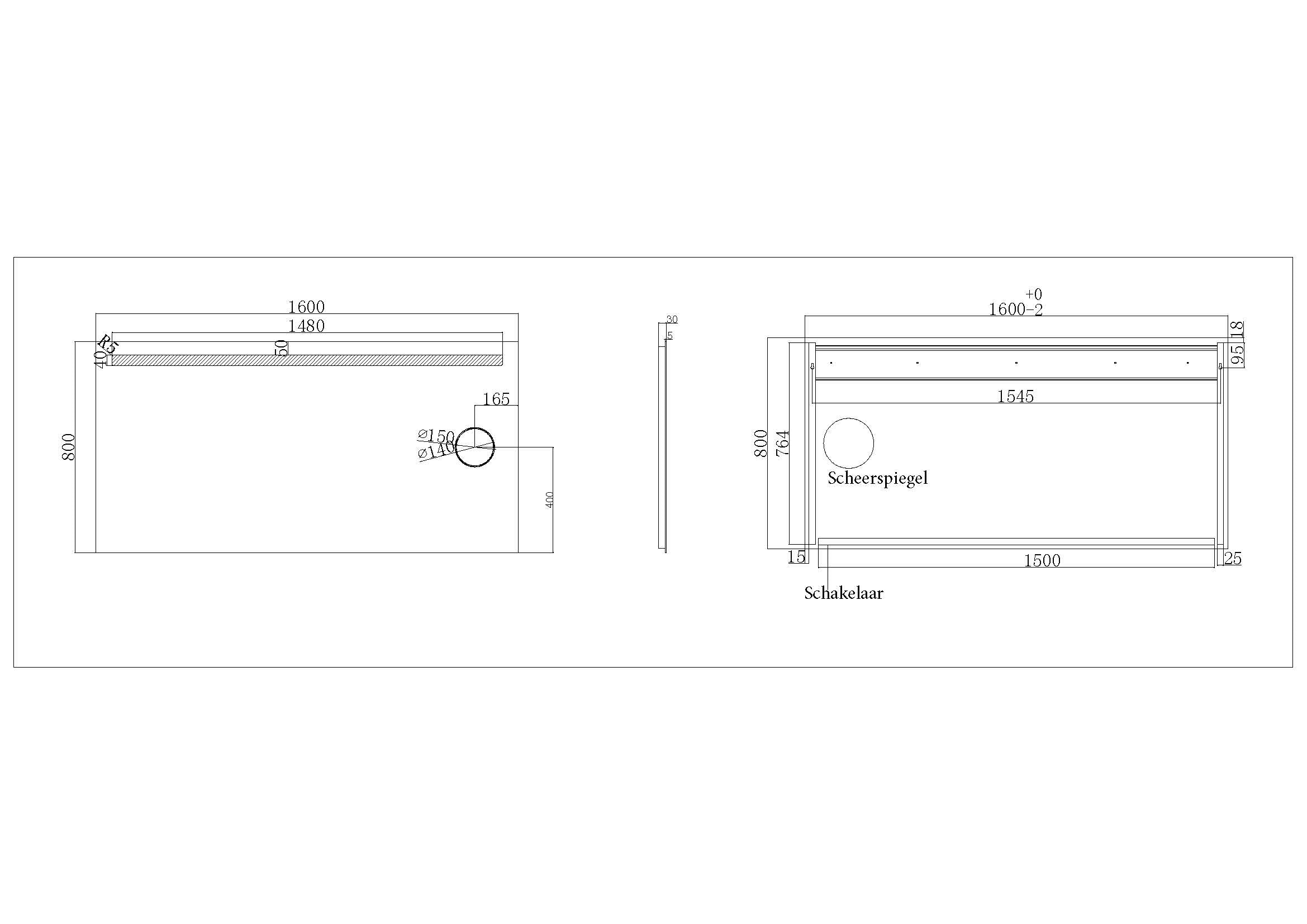 Tigris spiegel rechthoek met LED en scheerspiegel 160 x 80 cm
