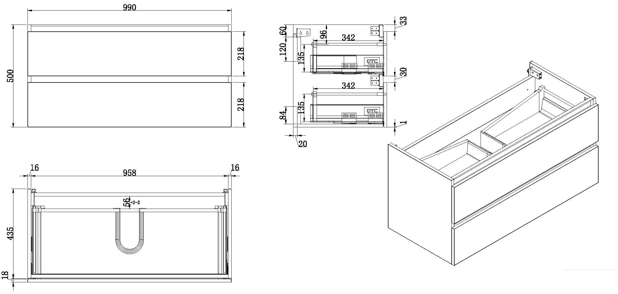 Vision onderkast met 2 laden 100 x 46 cm glans wit
