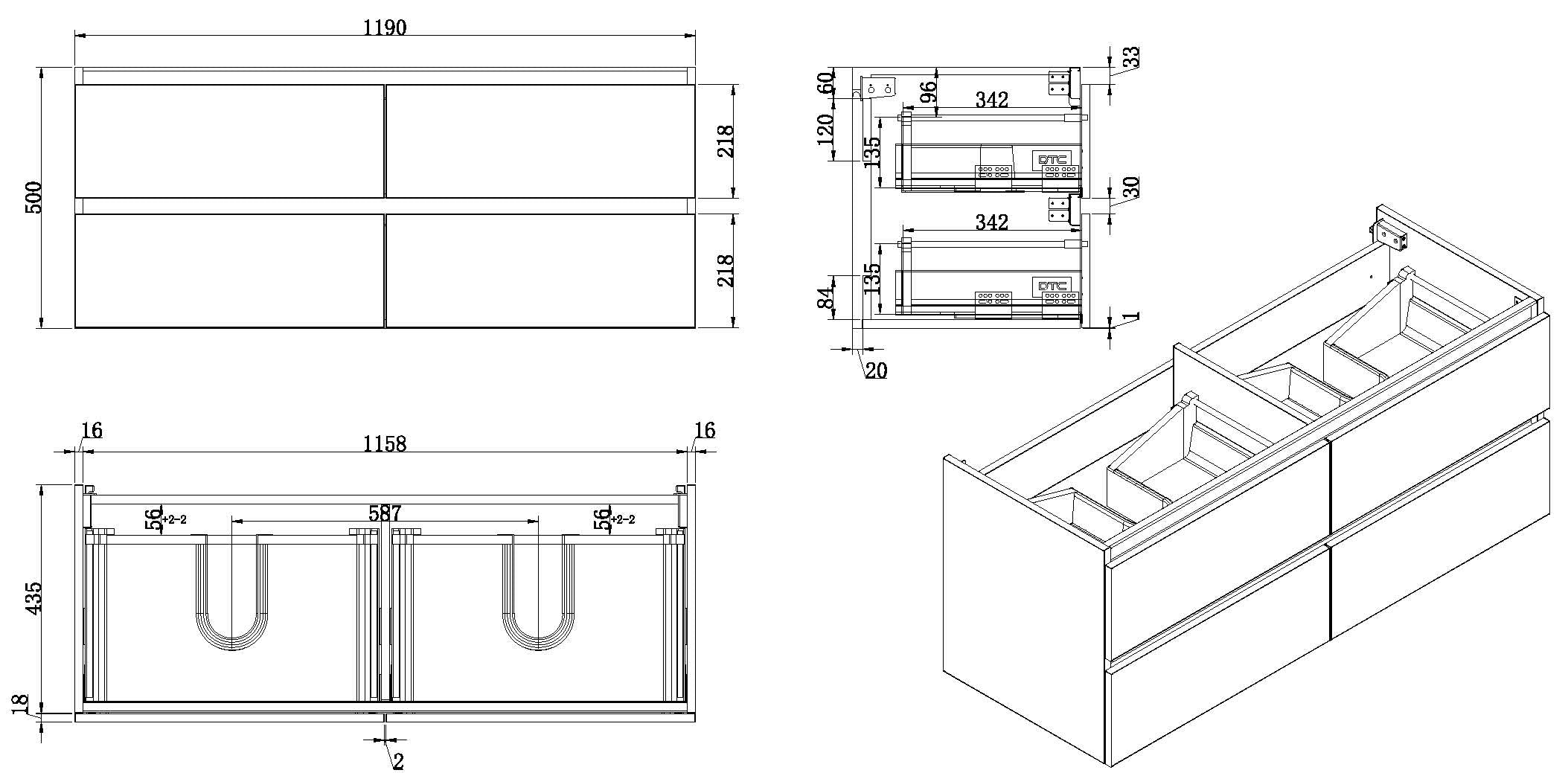 Vision onderkast met 4 laden 2 uitsparingen 120 x 46 cm glans wit