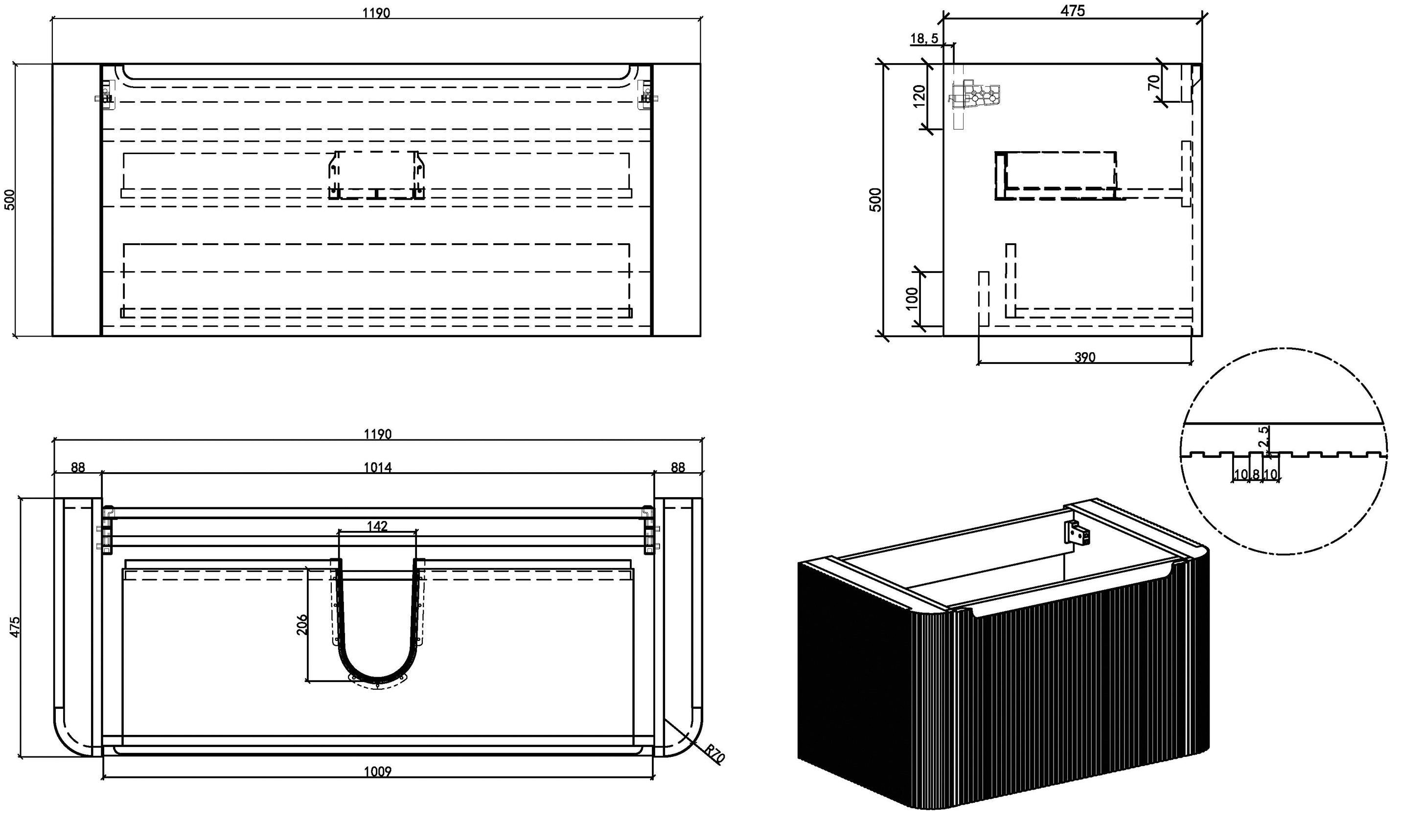 Sulora onderkast afgeronde hoeken geribbeld met 1 lade 1 uitsparing 120 x 48 cm licht eiken
