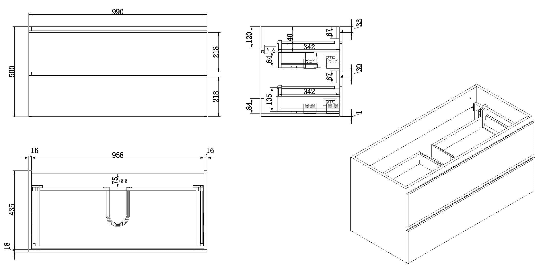 Tigris onderkast met 2 laden 100 x 46 cm glans wit