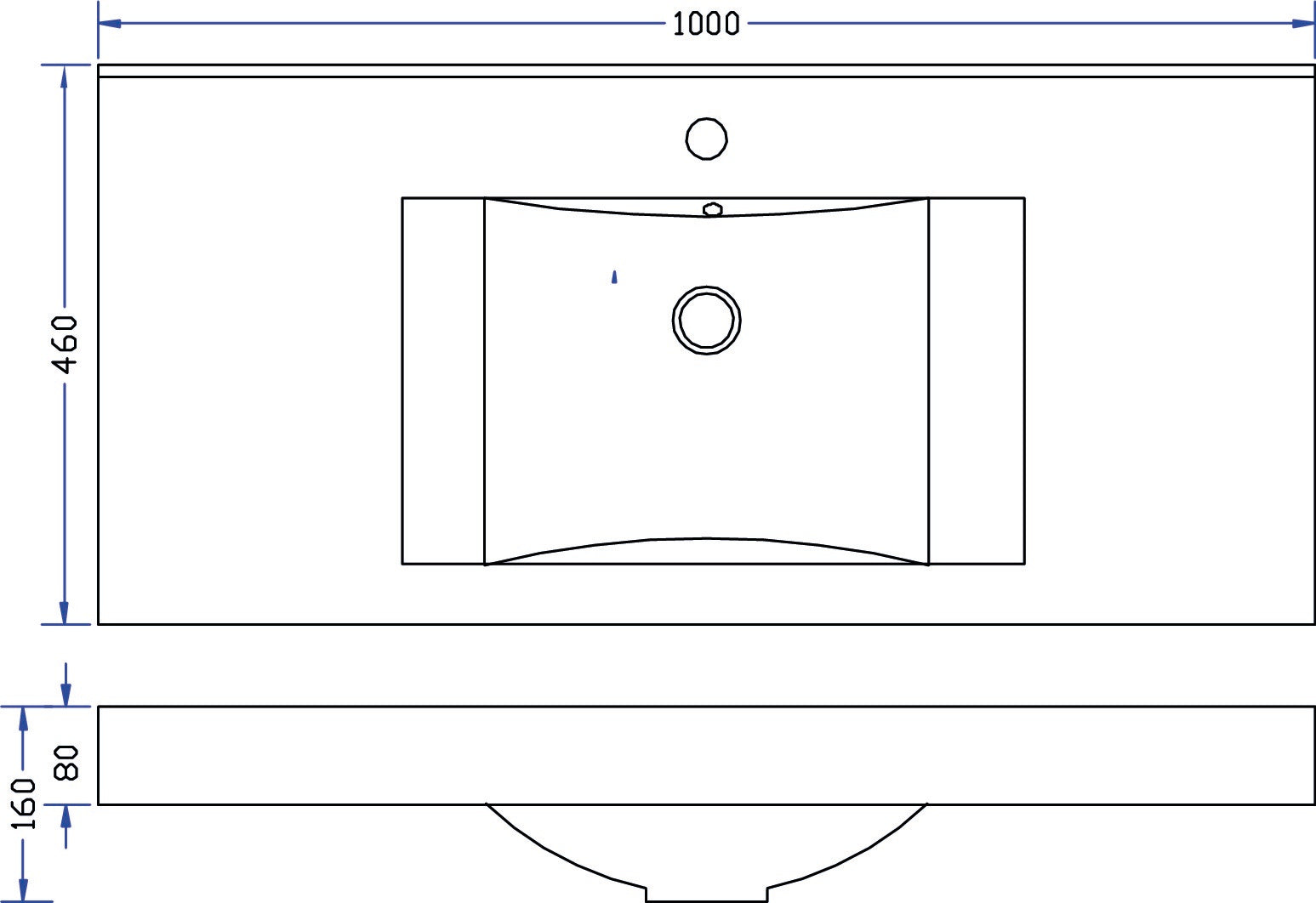Tigris wastafel enkel met 1 kraangat 100x46x8 cm kunstmarmer glans wit