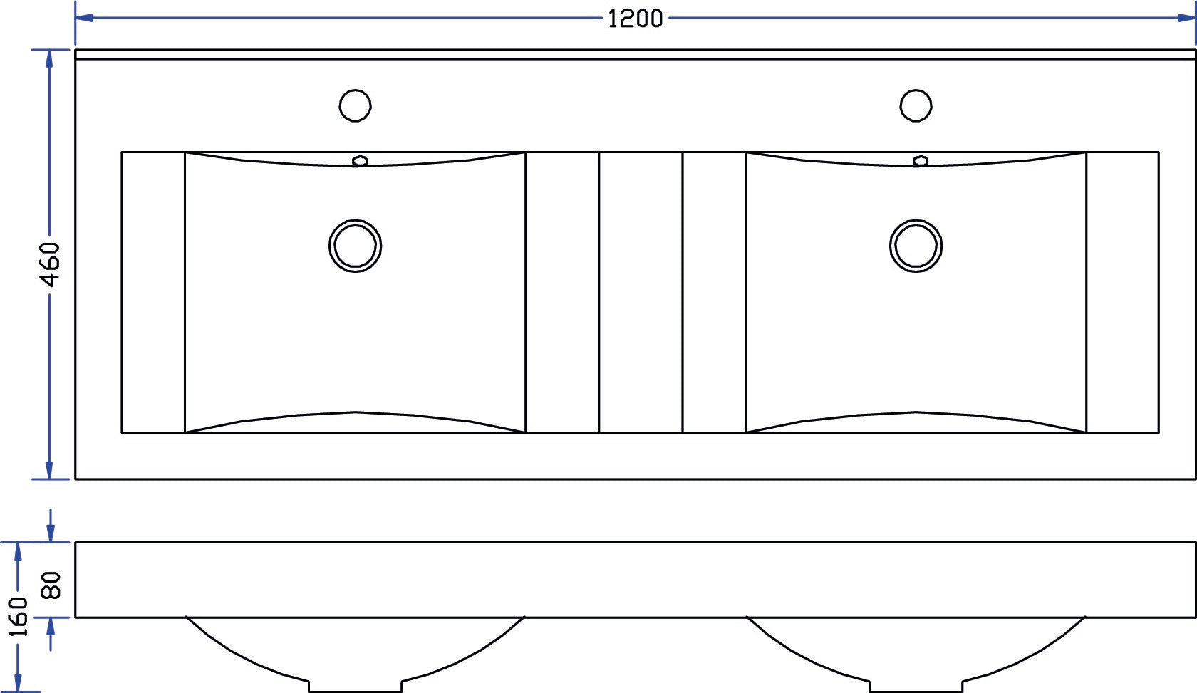 Tigris wastafel dubbel met 2 kraangaten 120x46x8 cm kunstmarmer glans wit