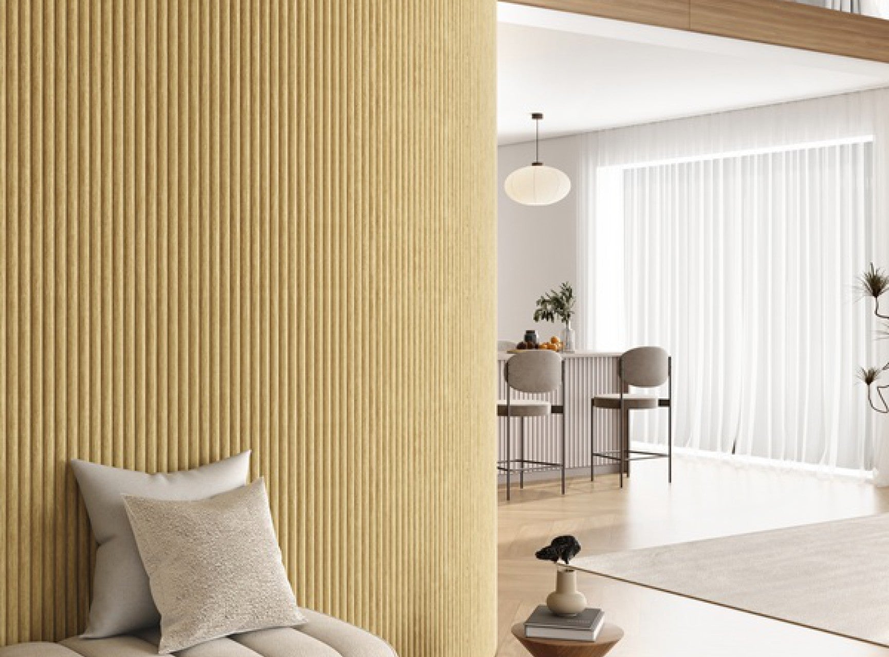 Akoestisch Ronde Latten wandpaneel | Licht Eiken met Vilt | 260x60