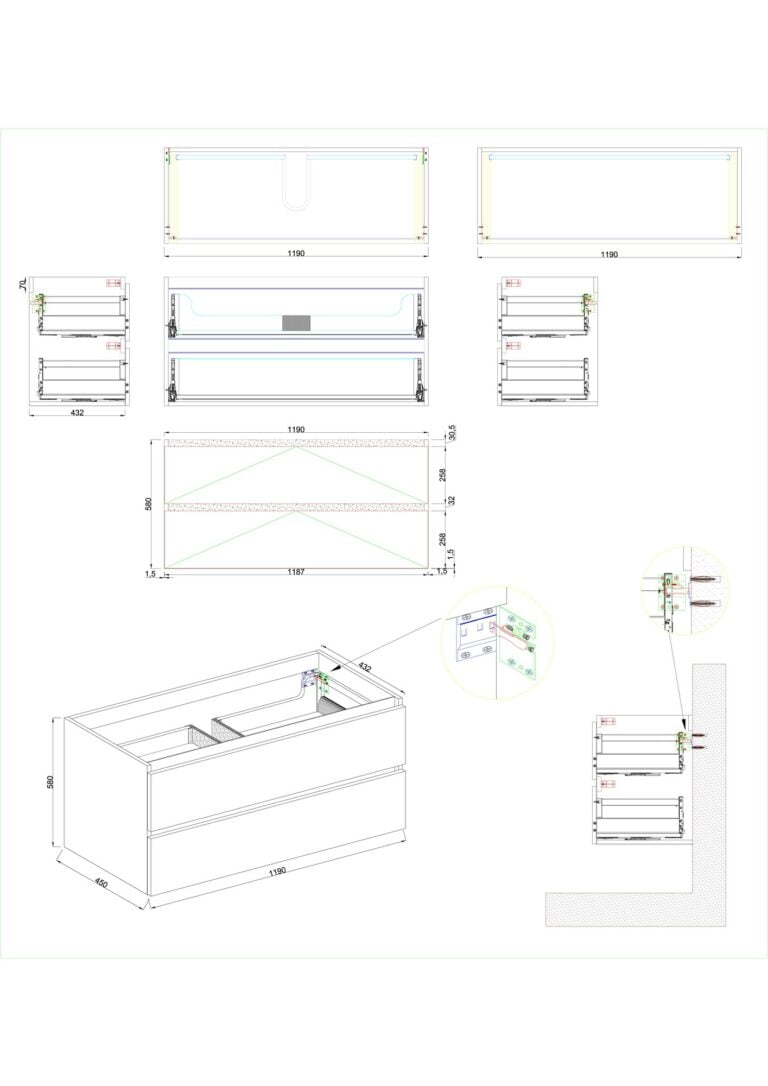 Marmaris losse onderkast + 2 laden 1 uitsparing mat zwart 120 cm