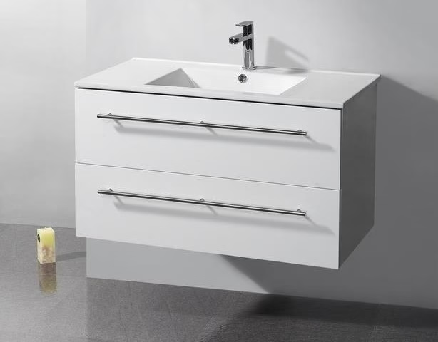 ARTLINE BADMEUBELSET MET RVS GREEP KERAMIC 90 HOOGGLANS WIT ZONDER SPIEGEL OP = OP