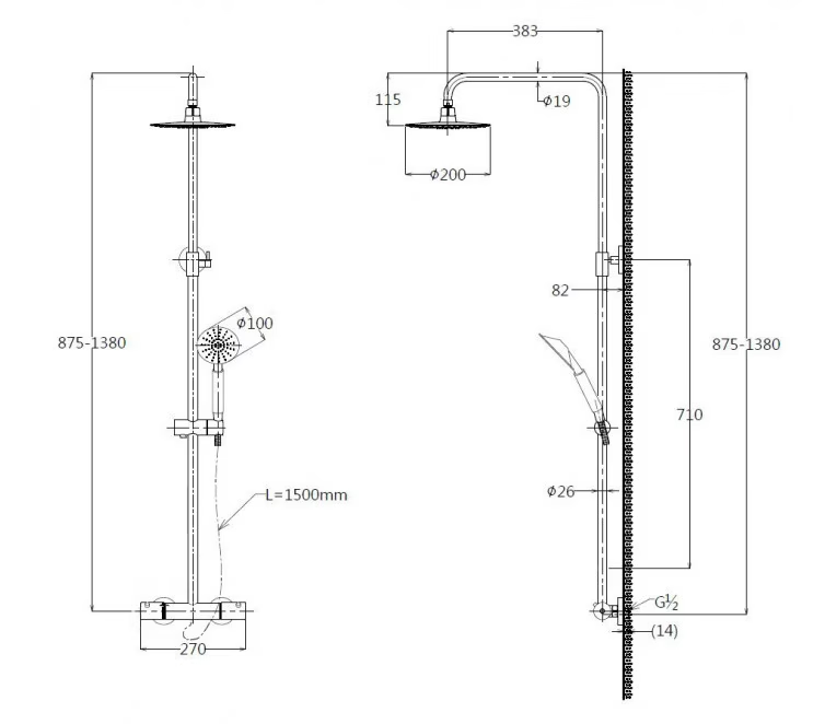 Thermostatische regendouche-opbouwset RVS Munchen