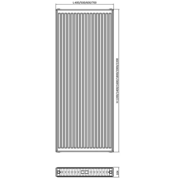 ECA Verticale radiator vlakke voorzijde – Wit (Ral 9016)- 200×70 cm Type 22 – 3952 Watt