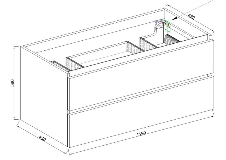 Marmaris onderkast 120 x 46 mat zwart met 2 uitsparingen