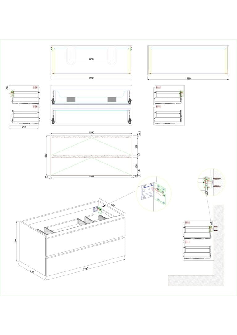 Marmaris onderkast 120 x 46 mat zwart met 2 uitsparingen